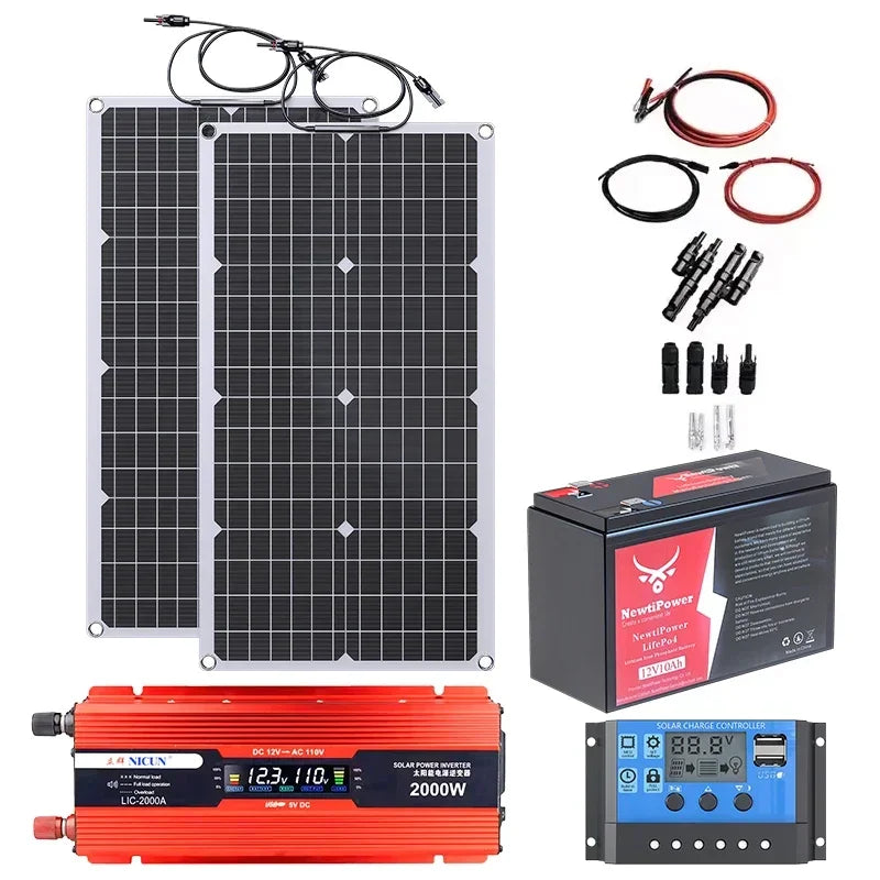 2000W Off-Grid Solar Complete Kit Power 100A Controller,110V 220V Inverter&10AH 30AH LiFePO4 Battery for Home/RV/Camping