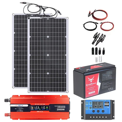 2000W Off-Grid Solar Complete Kit Power 100A Controller,110V 220V Inverter&10AH 30AH LiFePO4 Battery for Home/RV/Camping