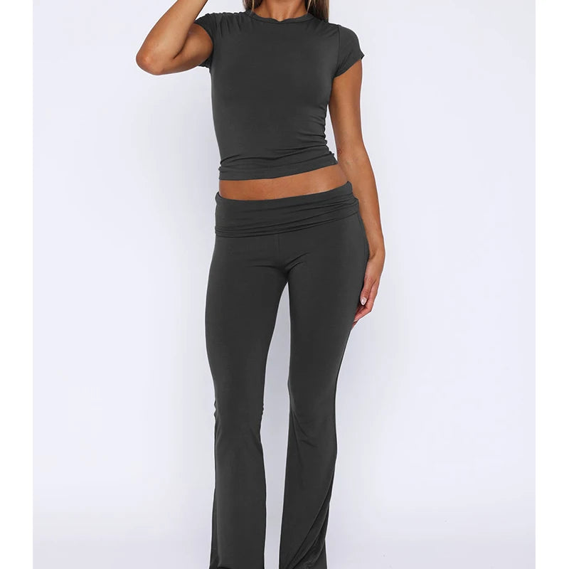 2 Piece Sets for Women Summer Sports Outfits Short Sleeve Solid Sexy Slim Crop T-Shirts Pants Leggings Y2K Clothes Streetwear