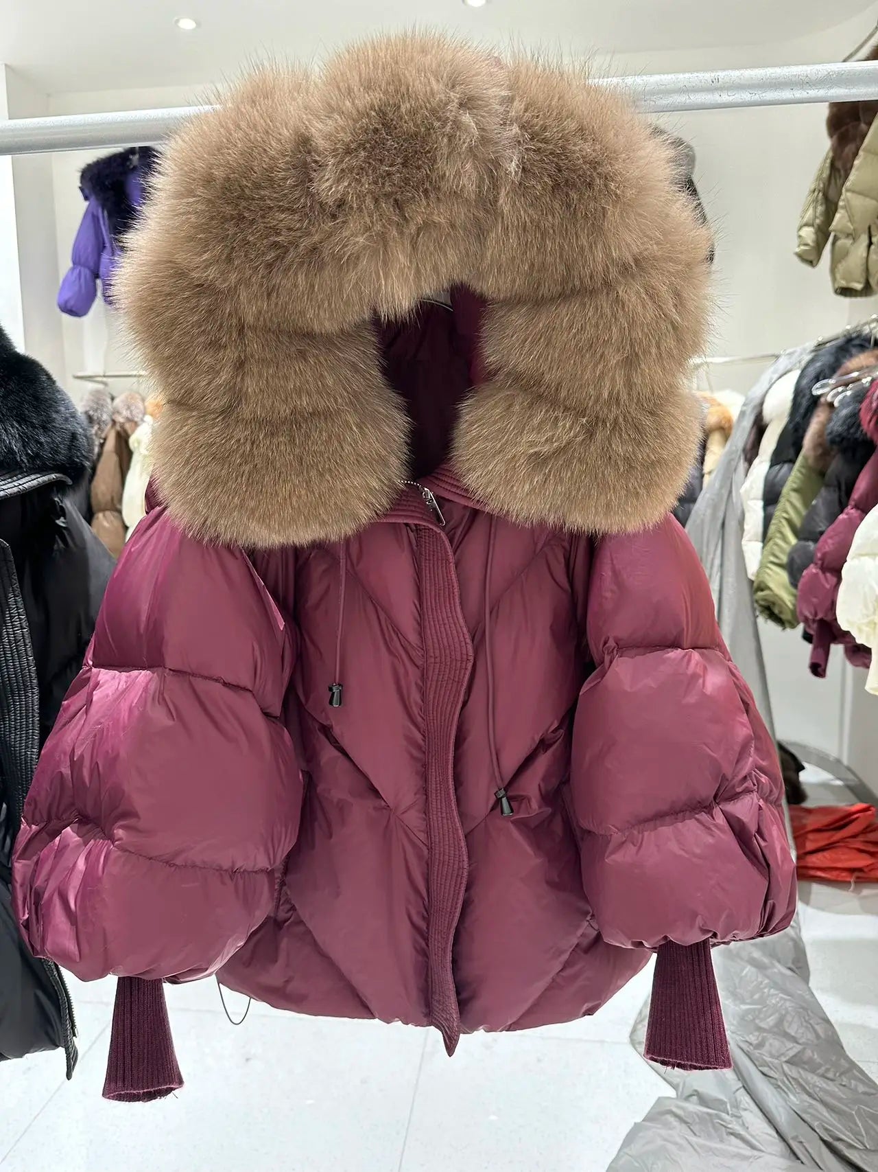 OFTBUY 2025 New Winter Large Real Fur Hooded Puffer Jacket Women Thicken Warm Knitted Sleeve Coat White Duck Down Mid Long Parka