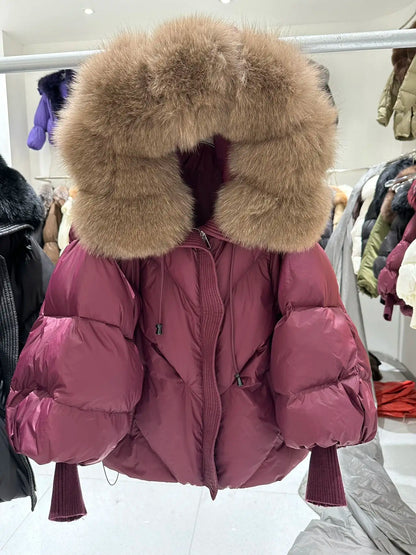 OFTBUY 2025 New Winter Large Real Fur Hooded Puffer Jacket Women Thicken Warm Knitted Sleeve Coat White Duck Down Mid Long Parka