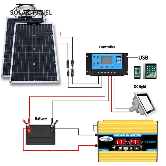 2000W Solar Energy System 110V/220V 4000W Solar Panel Inverter Glass 12V Battery Charging Controller For Home/Outdoor Use