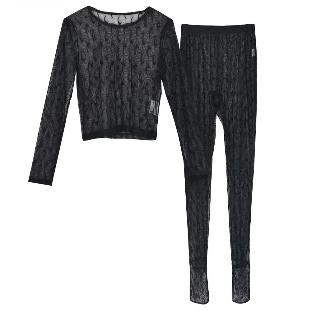 Sexy Streetwear Me See-tough Long Sve Set Pure Color round Ne Fitted Sle for Young Women 8-35 Summer Collection