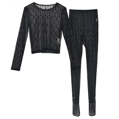 Sexy Streetwear Me See-tough Long Sve Set Pure Color round Ne Fitted Sle for Young Women 8-35 Summer Collection