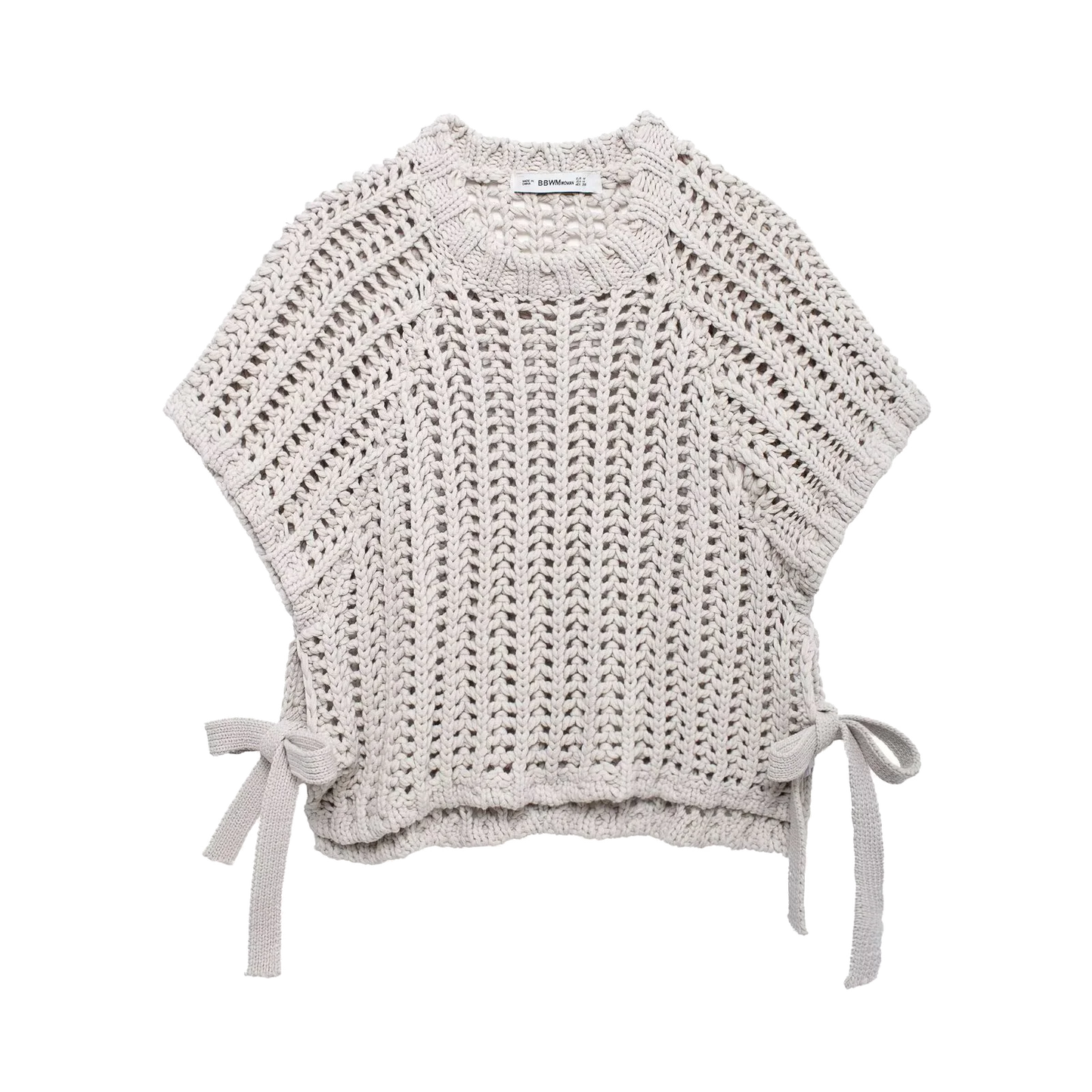 EDSA Women Chunky Knit Top with Side Straps O-Neck Short Sleeves Hollow Out Cropped Sweater Pullover for Casual Female