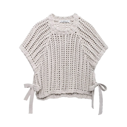 EDSA Women Chunky Knit Top with Side Straps O-Neck Short Sleeves Hollow Out Cropped Sweater Pullover for Casual Female