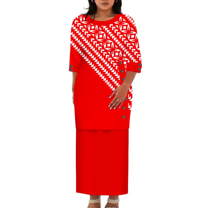 Hawaii Style Design Big Size Ladies Long Dress Custom Polynesian Puletasi Ptaha Dress O Neck Prom Clothes 2 Piece Outfits Sets