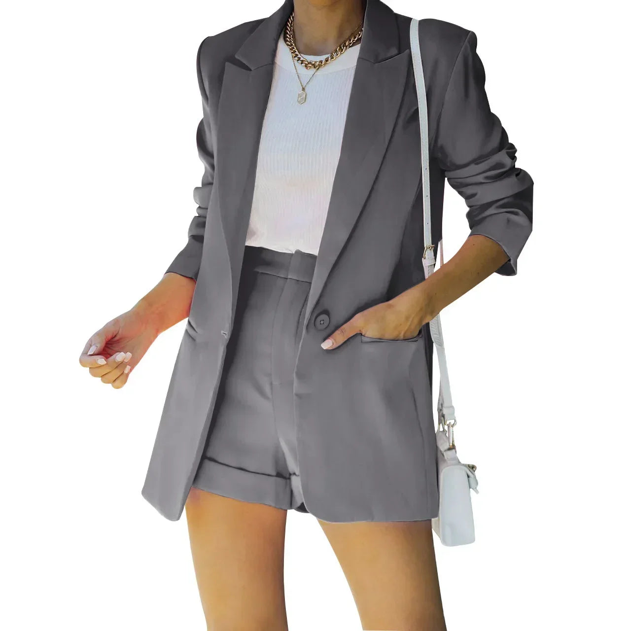 2025 Elegant Two Piece Blazer Suit Sets Women OL Office Sets Slim Cardigan Blazer Shorts Solid 2 Piece Set Casual Blazers Set