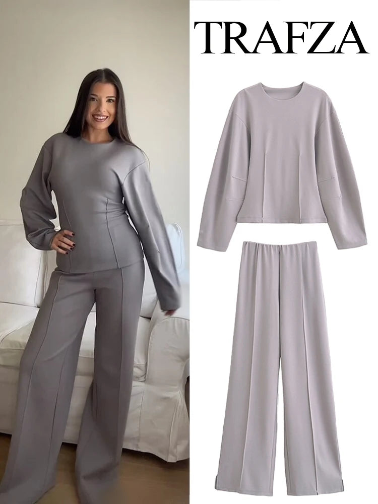 TRAFZA Women New Fashion Slimming 2-Piece Set Double-Sided Fabric O-Neck Long-Sleeve Top+Elegant Stretch Long Pants Female Suit