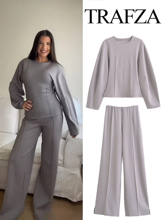 TRAFZA Women New Fashion Slimming 2-Piece Set Double-Sided Fabric O-Neck Long-Sleeve Top+Elegant Stretch Long Pants Female Suit