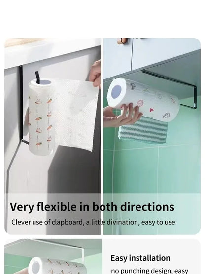 Paper Roll Holder Towel Rack Cling Film Storage Rack Bathroom No Punching Storage Rack Hanging Shelf Kitchen Tissue Accessories