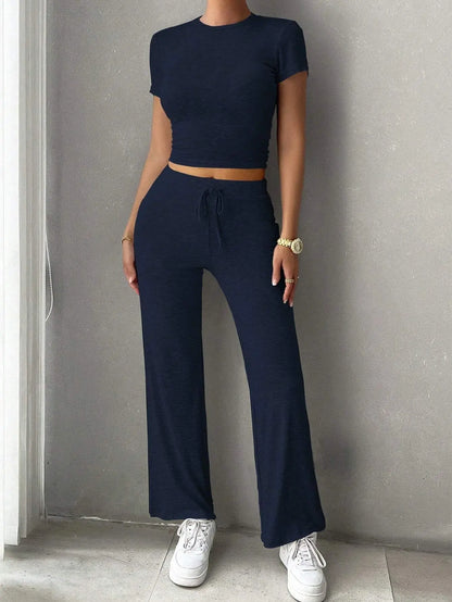 Summer Comfortable Casual Women's Home Sports Set 2025 New Fashionable Solid Color Slim Body Clothes + Trousers Two-piece Set