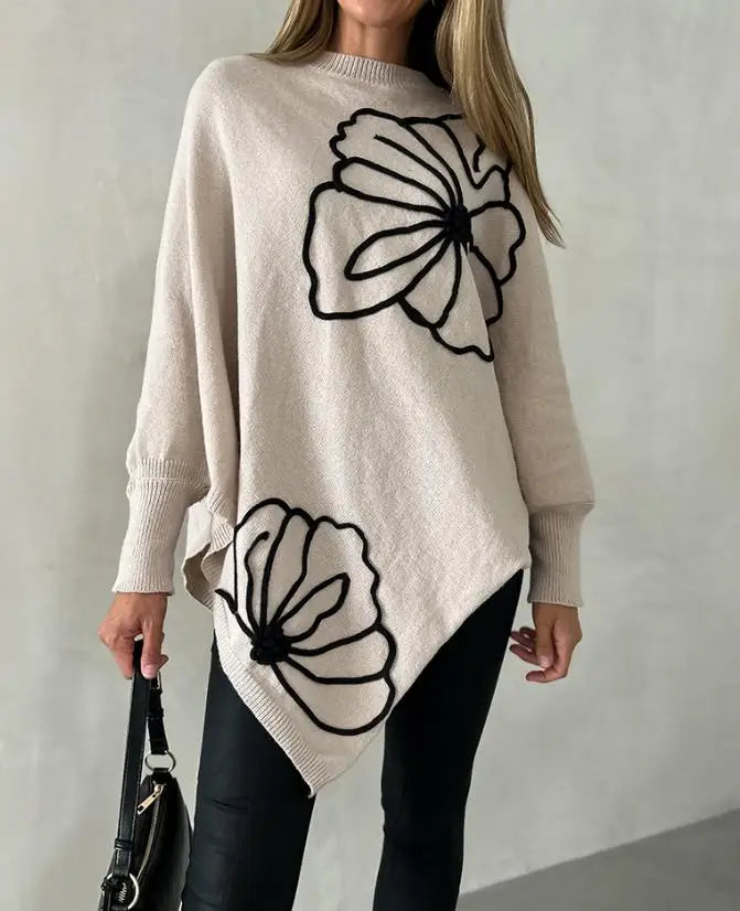Women's Sweater Spring Autumn New Jacquard Batwing Sleeve Asymmetrical Pullover Sweater Casual Round Neck Loose Fit Top