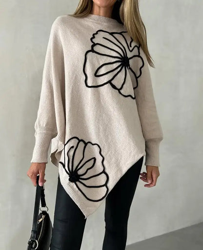 Women's Sweater Spring Autumn New Jacquard Batwing Sleeve Asymmetrical Pullover Sweater Casual Round Neck Loose Fit Top