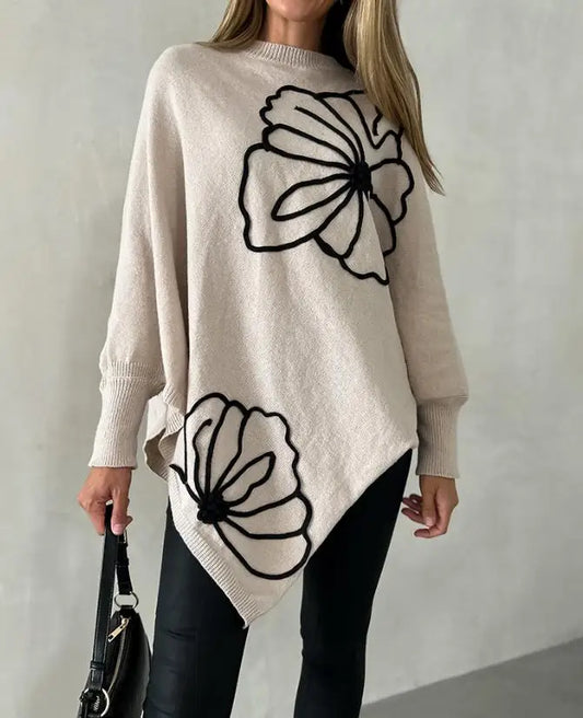Women's Sweater Spring Autumn New Jacquard Batwing Sleeve Asymmetrical Pullover Sweater Casual Round Neck Loose Fit Top