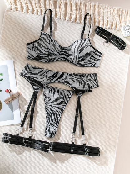 Sexy Perspective Breast Gather Printed Lingerie Set with Gloves Leg Set for Women's Five Piece Set Female Fun Bra & Brief Sets