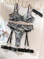 Sexy Perspective Breast Gather Printed Lingerie Set with Gloves Leg Set for Women's Five Piece Set Female Fun Bra & Brief Sets