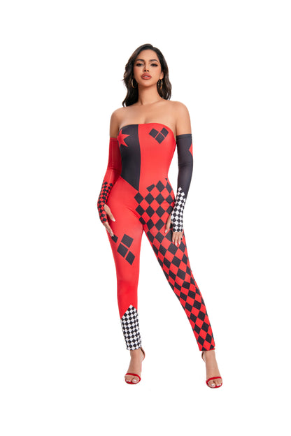 [You're My Secret] Halloween Cosplay Harley Q Clown Costume Sexy Jumpsuit for Women Bodysuit Masquerade Disguise Zentai Outfit