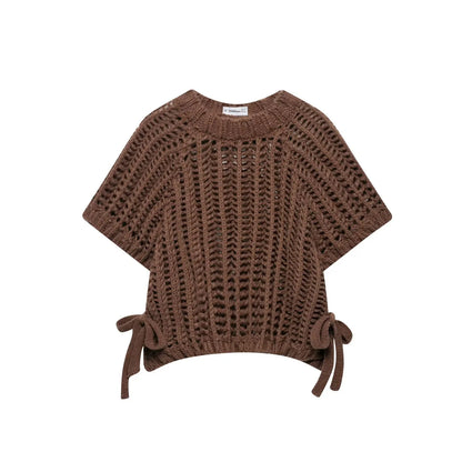 EDSA Women Chunky Knit Top with Side Straps O-Neck Short Sleeves Hollow Out Cropped Sweater Pullover for Casual Female