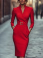 Fashion Party Bodycon Midi Dress Women 2025 Autumn Long Sleeve V-neck Slim Sashes Lace Up Dresses Elegant Robes