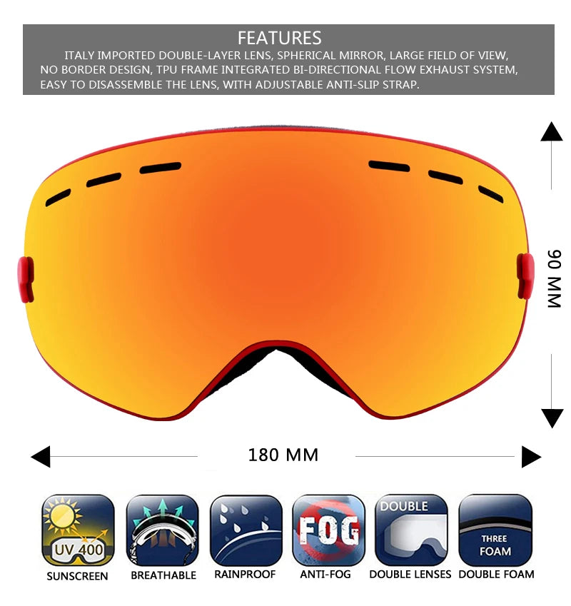 PHMAX Ski Goggles Men Snowboard Glasses Women Winter Outdoor Snow Sunglasses UV400 Double Layers Lens Anti-Fog Skiing Goggles