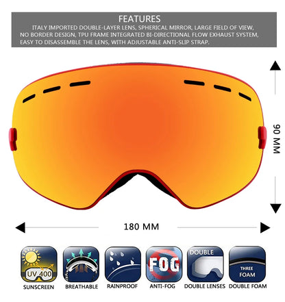 PHMAX Ski Goggles Men Snowboard Glasses Women Winter Outdoor Snow Sunglasses UV400 Double Layers Lens Anti-Fog Skiing Goggles