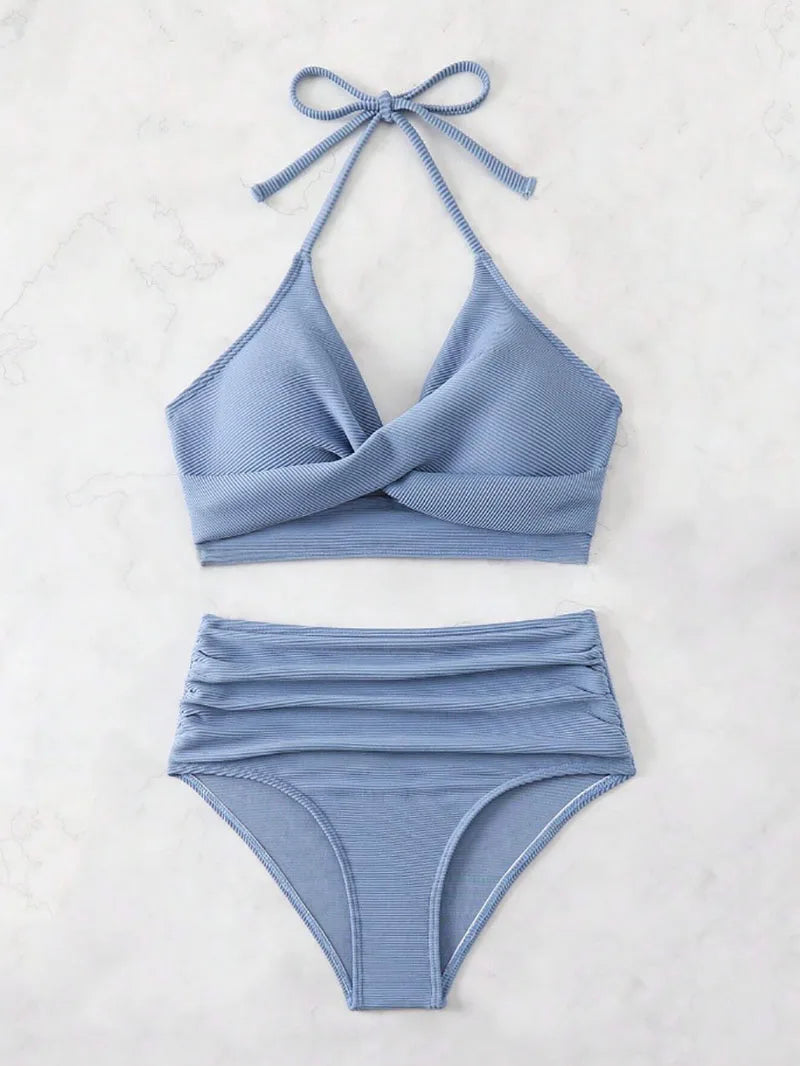 2025 New Sexy High Waist Two-piece Bikini Set Women Solid Halter Swimsuit Summer Tight Cross Push Up Backless Beach Bathing Suit