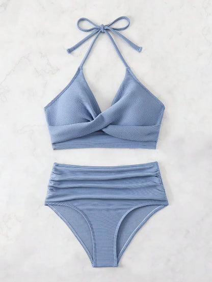 2025 New Sexy High Waist Two-piece Bikini Set Women Solid Halter Swimsuit Summer Tight Cross Push Up Backless Beach Bathing Suit