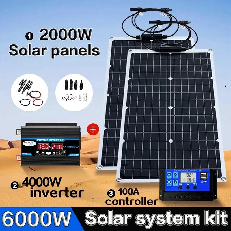 10V 220V 2000W Flexible Solar Panel System 12V Battery Charger Controller 4000W Inverter Kit Complete For Home Outdoor Capming