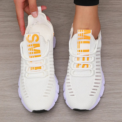 Women's Sneakers Knitted Mesh Breathable Fashionable Lightweight Soft Lace Up Shoes Flexible Trendy Exercise Walking Flat Shoes