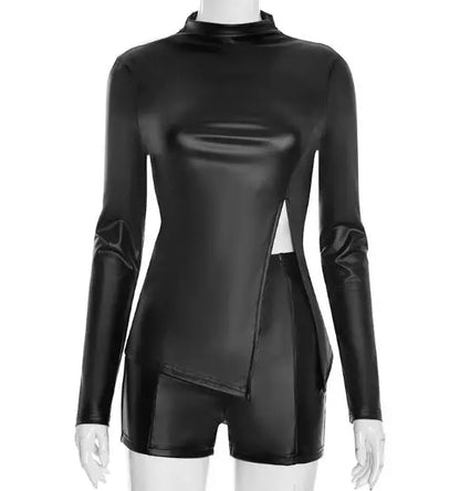 Two Piece Set Women Outfit Spring New Solid Color High Neck Long Sleeve Zipper Split Leather Jacket & High Waist Shorts Set