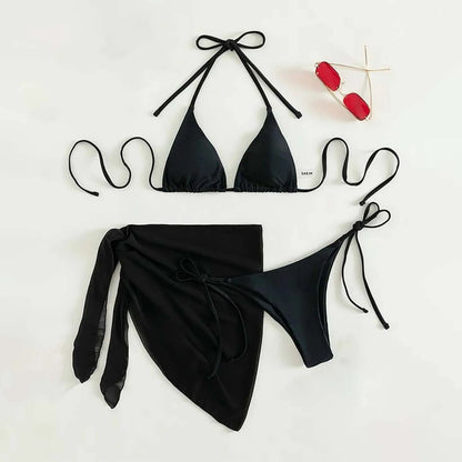 Sexy Three Pieces Bikini Set Women Summer Bikini With Sarong Skirt Solid Color Triangle Cup Tie Up Female Swimwear Swimming Suit