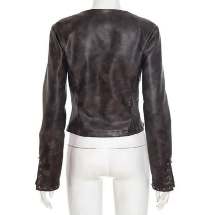 Women's Jacket Spring Autumn New Vintage Leather Half Open Collar Zipper Rivet Long Sleeve Streetwear Casual Crop Jacket