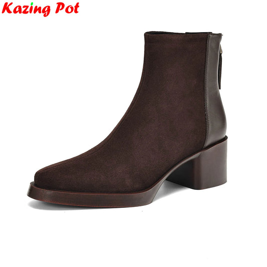 Krazing Pot Trend Plus Size 34-43 Cow Suede Square Toe Med Heels Retro Modern Boots Warm Winter Shoes Dating Concise Ankle Boots