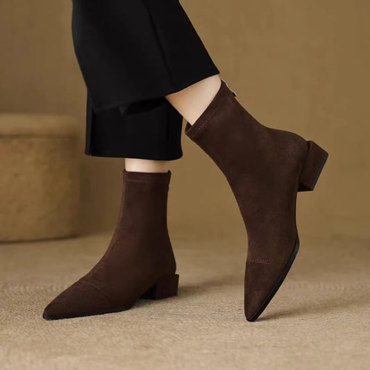 Plus-size Women's Boots Winter Fashion Pointed-toe Design Short Boots with Zippers on The Back Slim Low-heeled Nude Boots