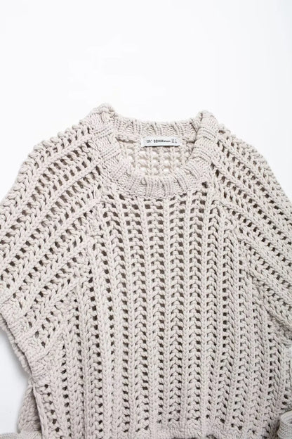 EDSA Women Chunky Knit Top with Side Straps O-Neck Short Sleeves Hollow Out Cropped Sweater Pullover for Casual Female