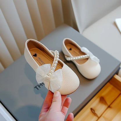 New Girl Princess Leather Shoes Chic Versatile Soft Elegant Fashion Lace Bowknot Beading Kid Loafers Wedding Slip-on Mary Janes