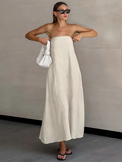 Minimalist Cotton Linen Design Strapless Dress Summer Women's Personal Street Elastic Backless Pocket Vacation Beach Dress