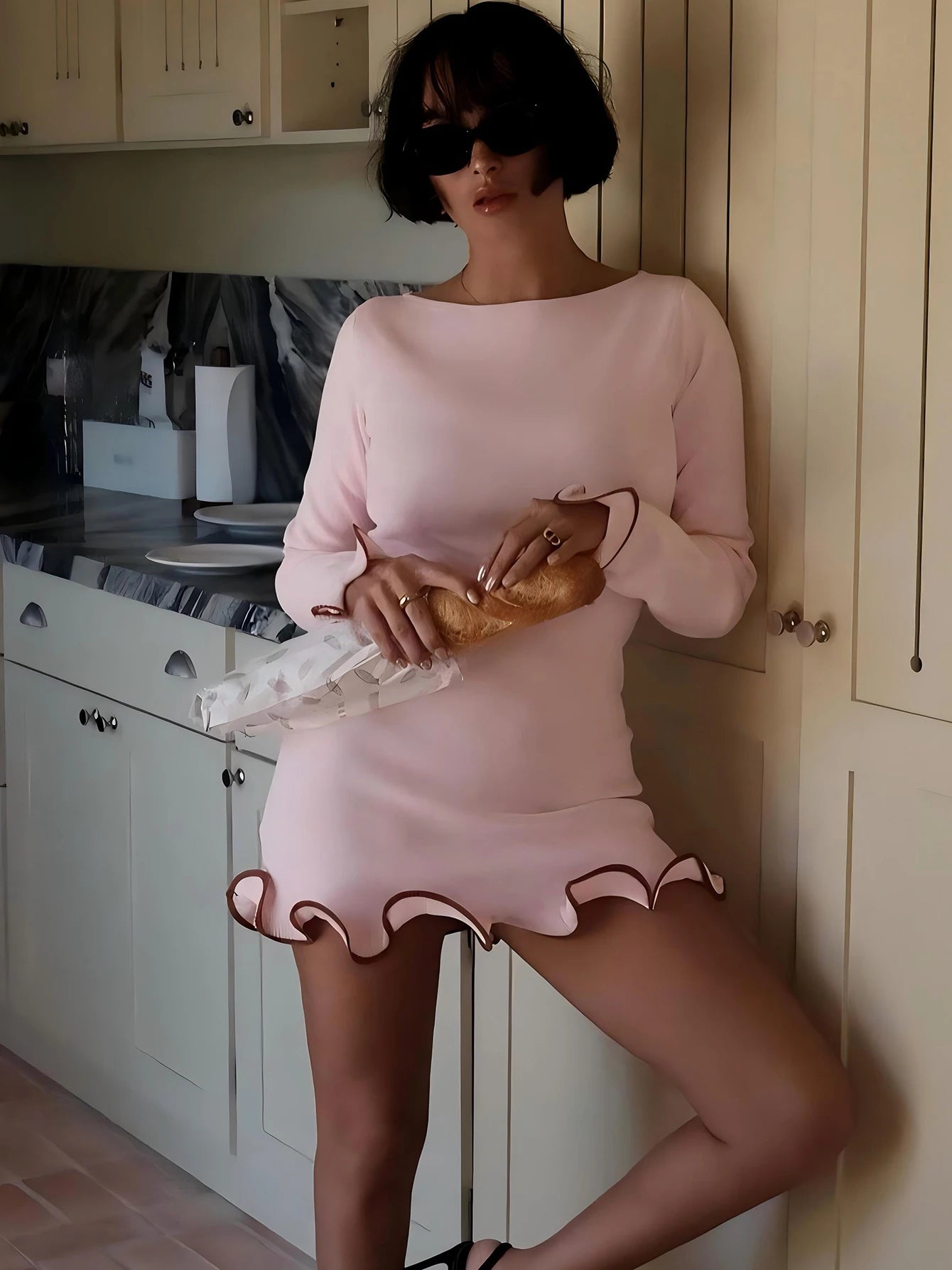 Long Sleeves Ruffles Patchwork Bodycon Mini Dress, Elegant and Sexy.