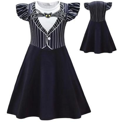 Halloween Skeleton Cosplay Costume for Kids Girl Jeck Striped Top Dress Outfit Horror Scary Christmas Party Uniform Mask Suit