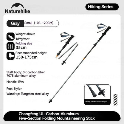 Naturehike 5-Section Walking Stick Pole Carbon Fiber Aluminum Alloy Folding Teleskopic Ultralight Trekking Hiking Canes UL Pro