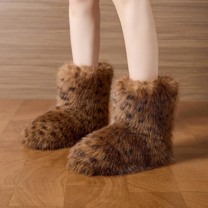 Leopard Winter Ankle Boots Female Fluffy Casual Plarform Women's Shoes Plush Luxury Design Indoor Outdoor Fuzzy Fur Snow Booties
