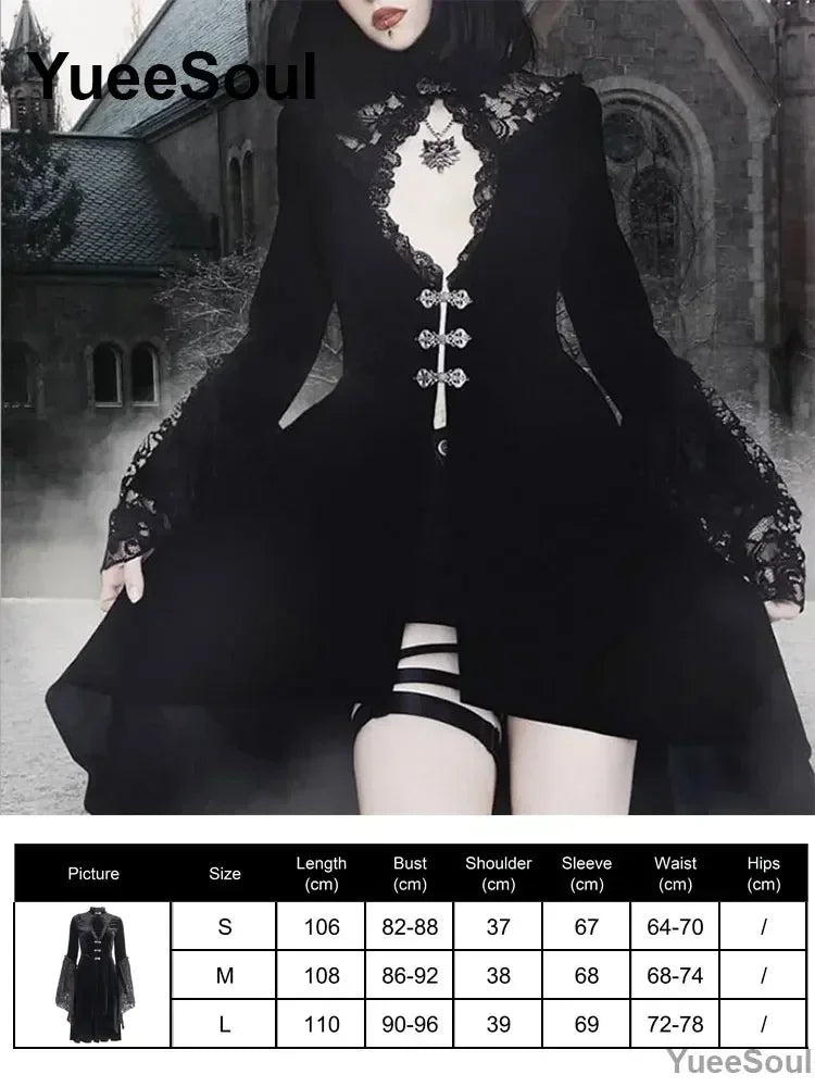 Halloween Gothic Grunge Punk Women Dress Long Sleeve Lace Slim Black Dresses 2025 New Y2K Harajuku Lolita Fairy Core Party Dress