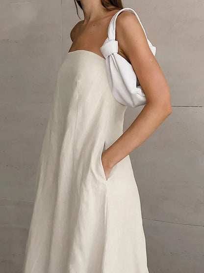 Minimalist Cotton Linen Design Strapless Dress Summer Women's Personal Street Elastic Backless Pocket Vacation Beach Dress
