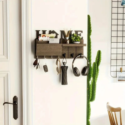 1pc Wall Hanging Storage Holder Wooden Wall Mounted Storage Rack with 7 Hooks Plant Mail Storage Organizer for Home Decor