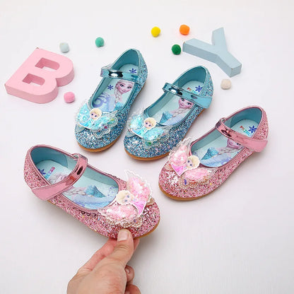 Disney Elsa Frozen Girls Princess Shoes Spring and Autumn Flat Paillette Shoes Children's Soft Sole Baby Casual Shoe Party Shoes