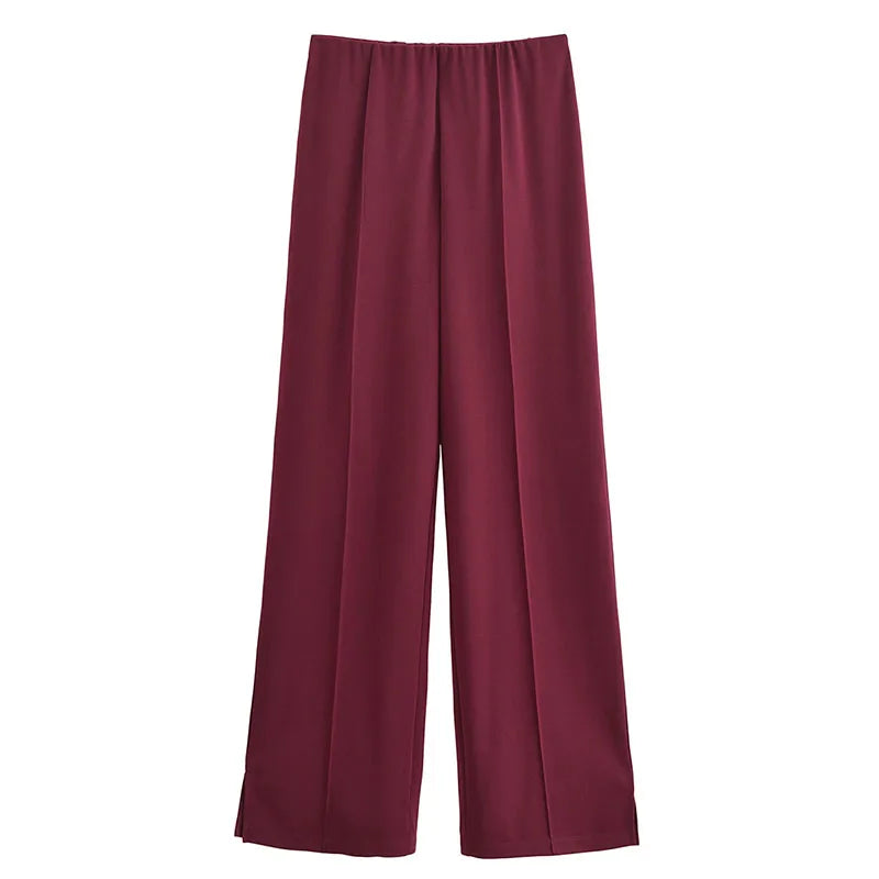 TRAFZA Women New Fashion Slimming 2-Piece Set Double-Sided Fabric O-Neck Long-Sleeve Top+Elegant Stretch Long Pants Female Suit