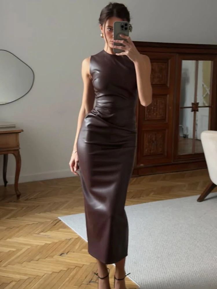 Trendix PU Elegant Maxi Dress For Women's Bodycon Pleated Sleeveless Long Dresses Vacation Casual Street High Waist Party Dress