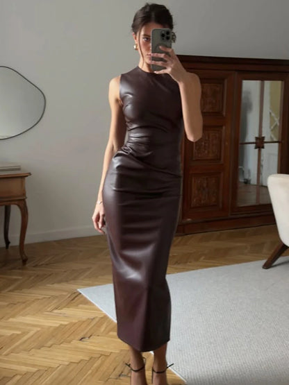 Trendix PU Elegant Maxi Dress For Women's Bodycon Pleated Sleeveless Long Dresses Vacation Casual Street High Waist Party Dress