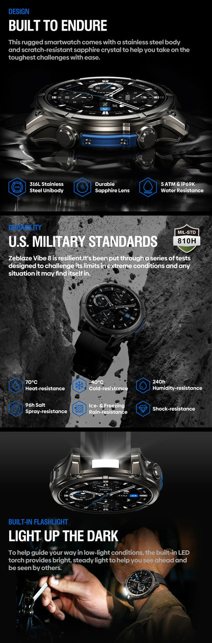 NEW 2025 Zeblaze VIBE 8 Voice Call Smart Watch 1.43" AMOLED Display Heart Rate Blood Pressure Multi-Sport Modes Smart Watch
